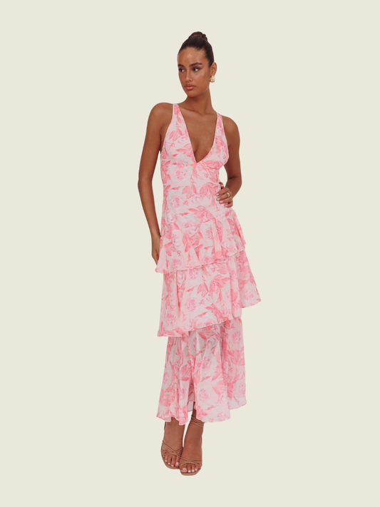 Selfie Leslie Pink Veda Strappy Back Ruffle Dress Floral
