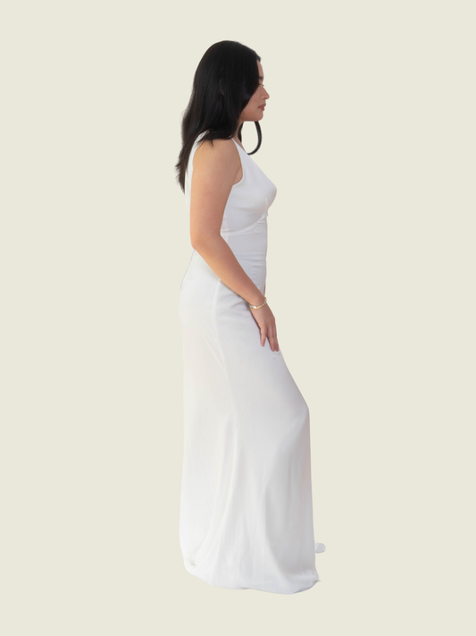 Selfie Leslie See The Sun V Neck White Satin Maxi Dress