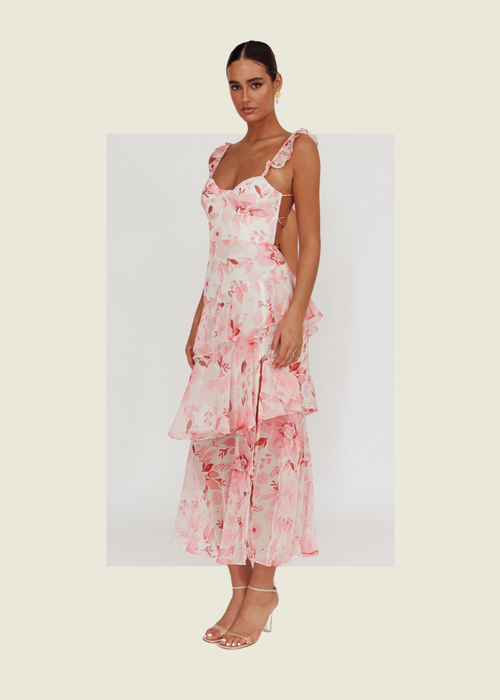 Selfie Leslie Veda Strappy Back Ruffle Dress in Flowers Blush hover image