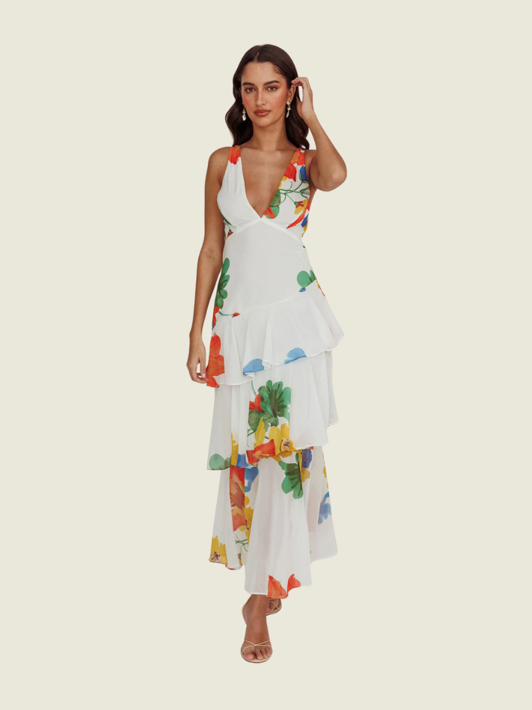 Selfie Leslie White Floral Veda Strappy Back Ruffle Dress