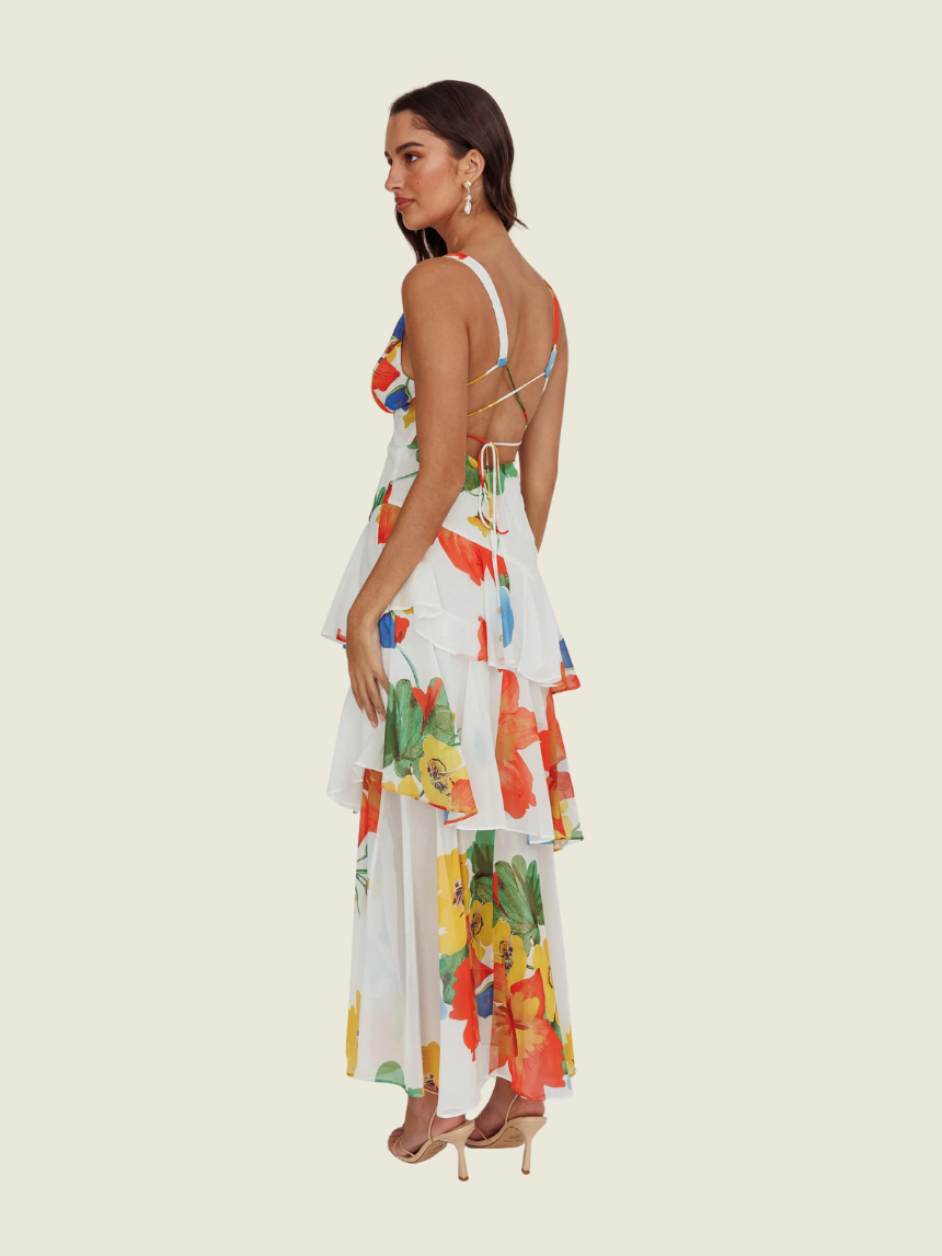 Selfie Leslie White Floral Veda Strappy Back Ruffle Dress