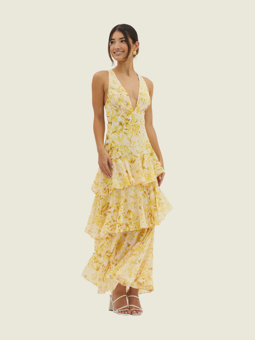Selfie Leslie Yellow Veda Strappy Back Ruffle Dress Floral