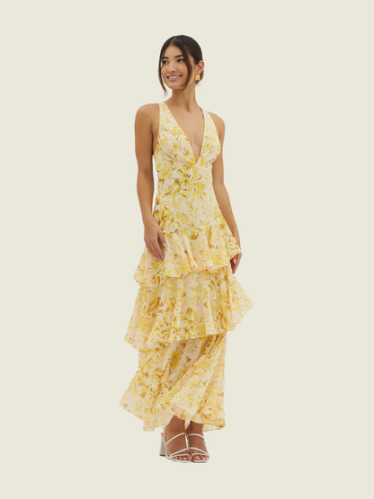 Selfie Leslie Yellow Veda Strappy Back Ruffle Dress Floral