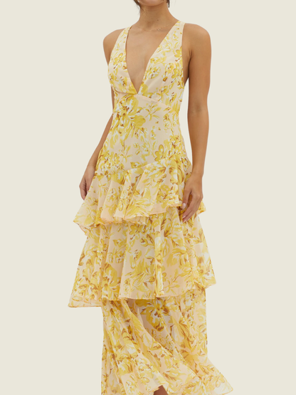 Selfie Leslie Yellow Veda Strappy Back Ruffle Dress Floral