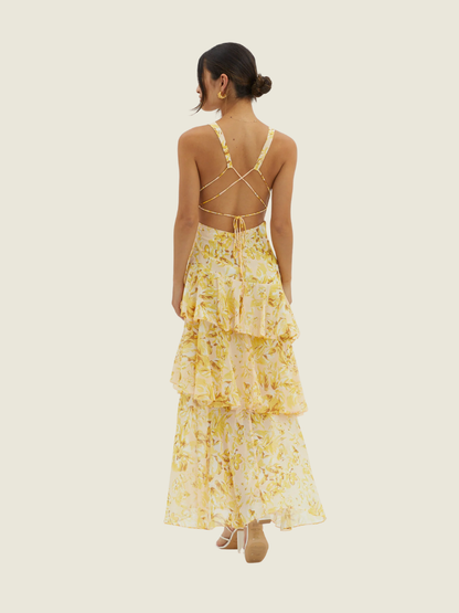 Selfie Leslie Yellow Veda Strappy Back Ruffle Dress Floral