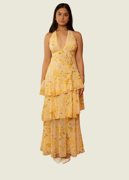 Selfie Leslie Yellow Veda Strappy Back Ruffle Dress Floral
