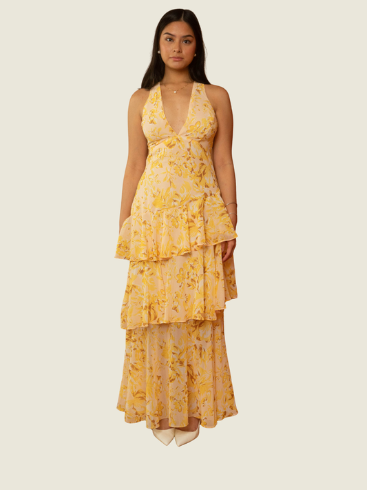 Selfie Leslie Yellow Veda Strappy Back Ruffle Dress Floral