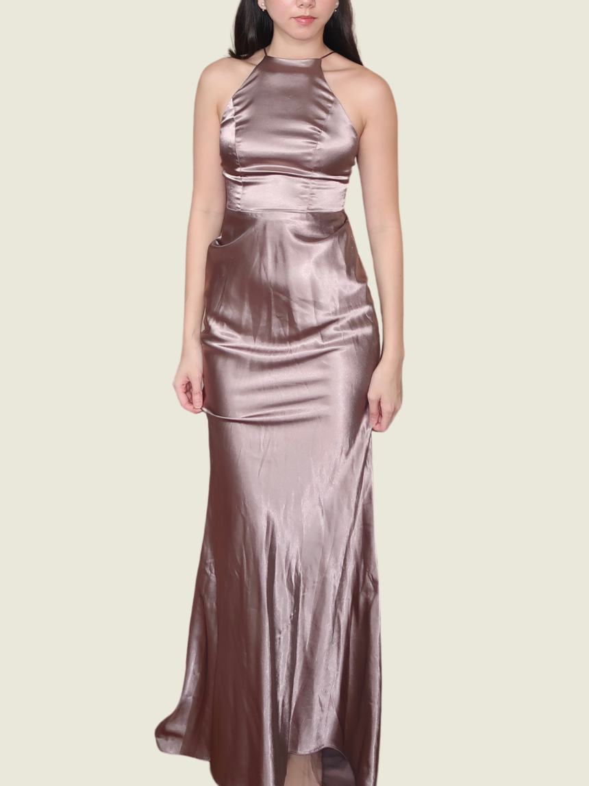 Syne Brown Satin Halter Dress