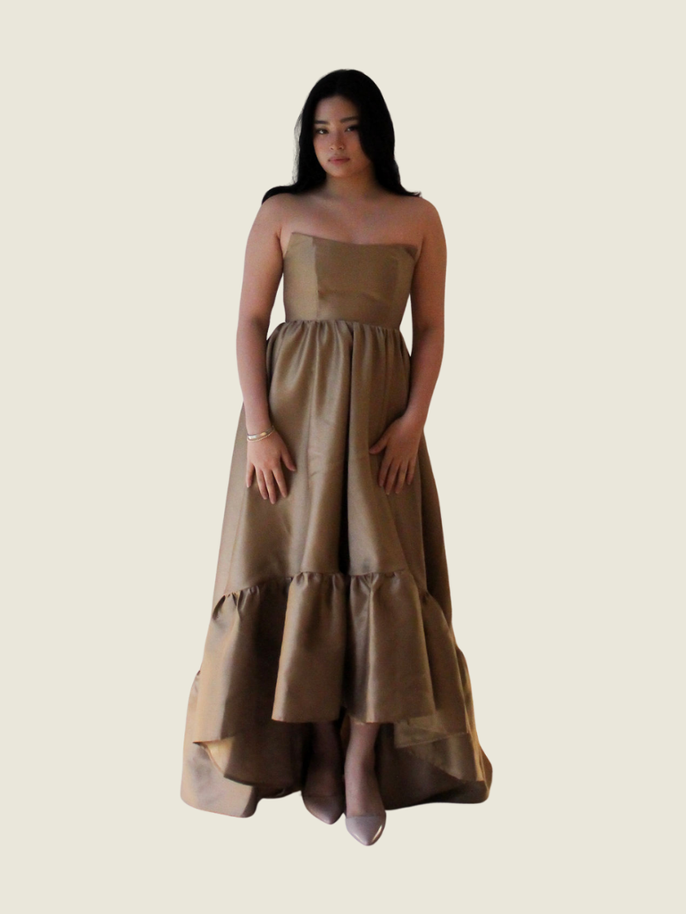ZOO the Label Champagne Brown Corset Ruffle Maxi Dress
