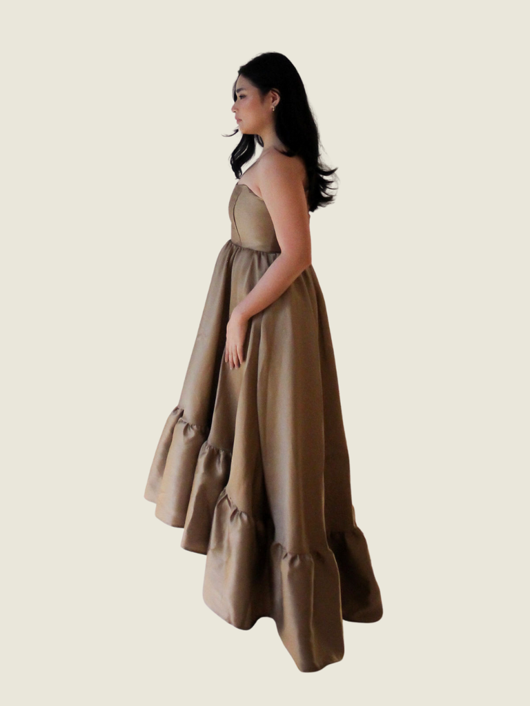 ZOO the Label Champagne Brown Corset Ruffle Maxi Dress