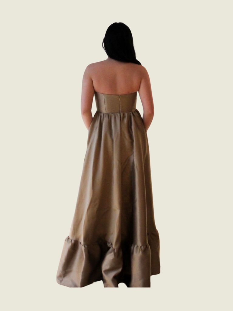 ZOO the Label Champagne Brown Corset Ruffle Maxi Dress