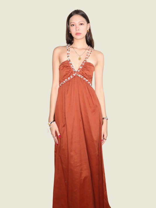 Zara Rust Orange Beaded Maxi Dress