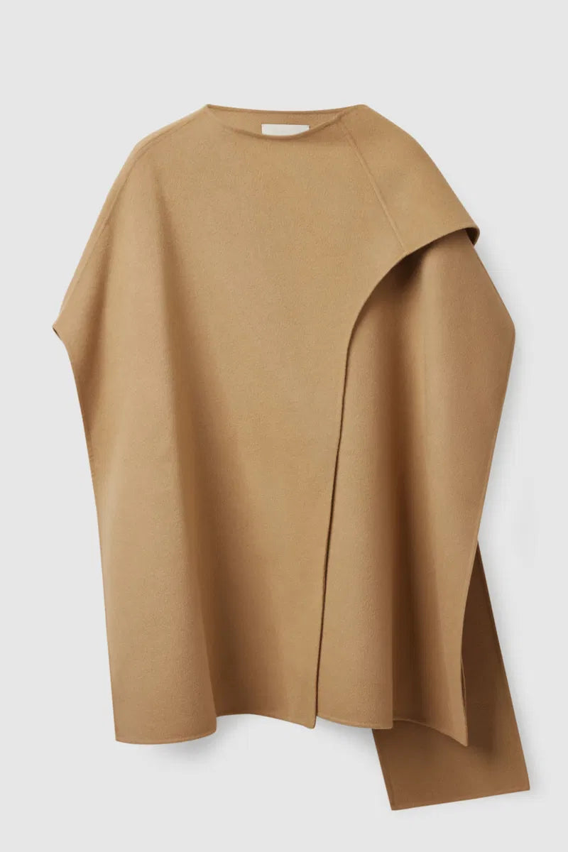 COS Double-Faced Merino Wool Scarf Cape in Camel Brown