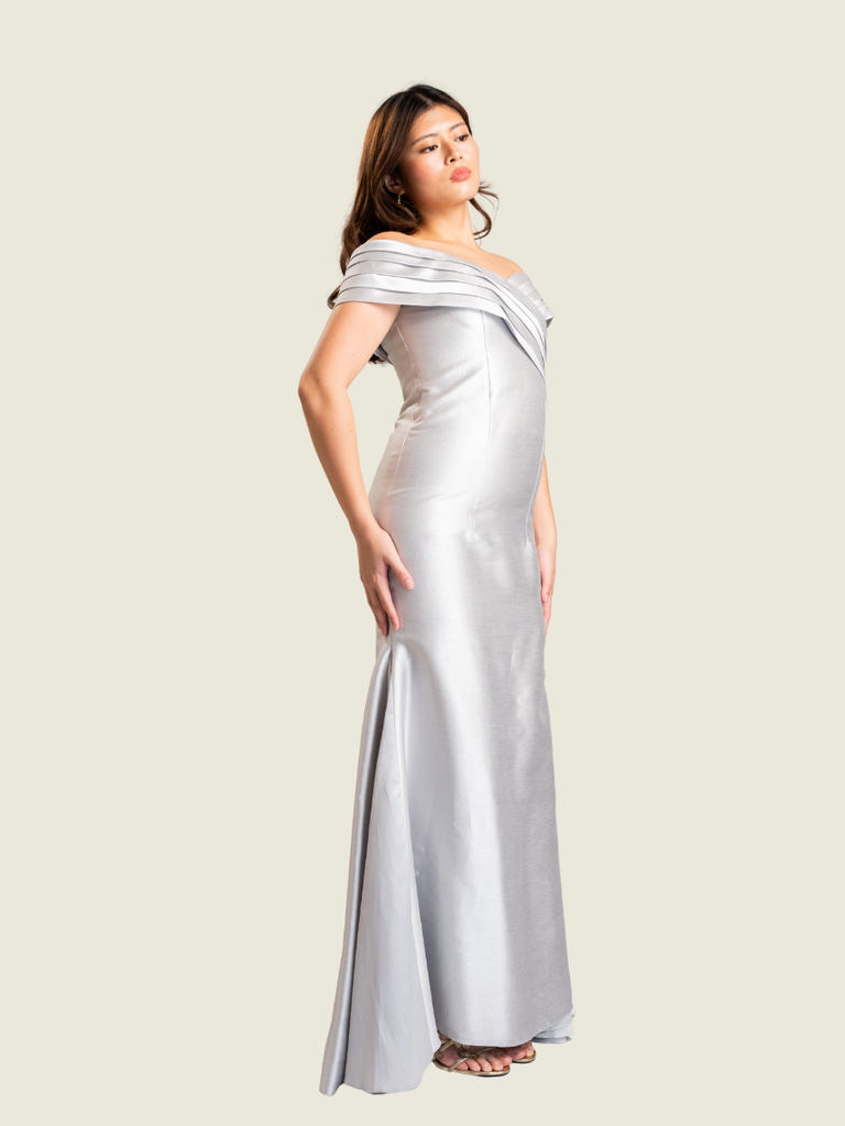 Debbie Co Silver Long Gown with Serpentine Cut
